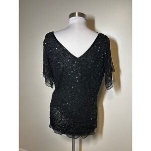 Vintage Adrianna Papell Black 100% Silk Sequin Short Sleeve Beaded Blouse Top 1x